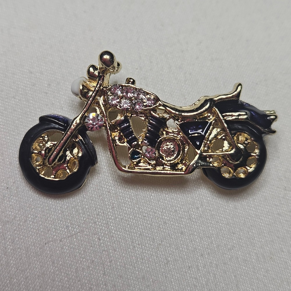 Motorcycle‎ Brooch Unisex OS Gold Tone Rhinestone Enamel Biker Pin Accessory